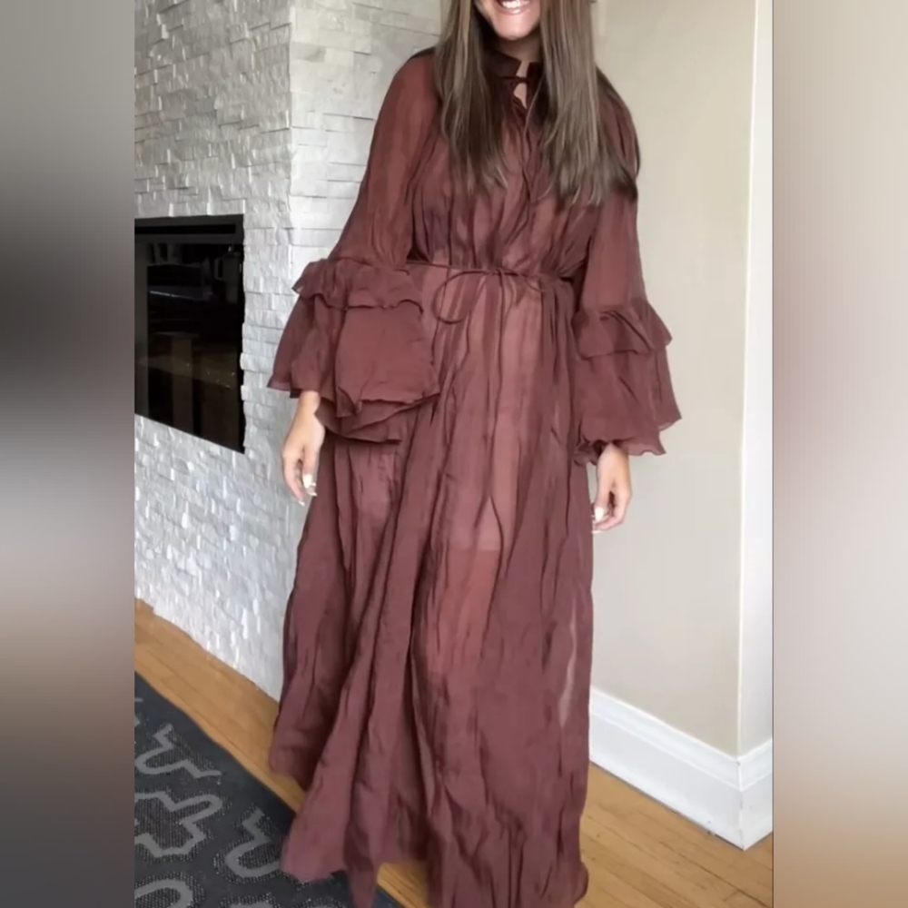 H&m flounced Maxi dress h&m edition ruffled dark red-brown. - Picture 3 of 10